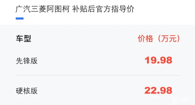 廣汽三菱阿圖柯正式上市 補貼後售價19.98